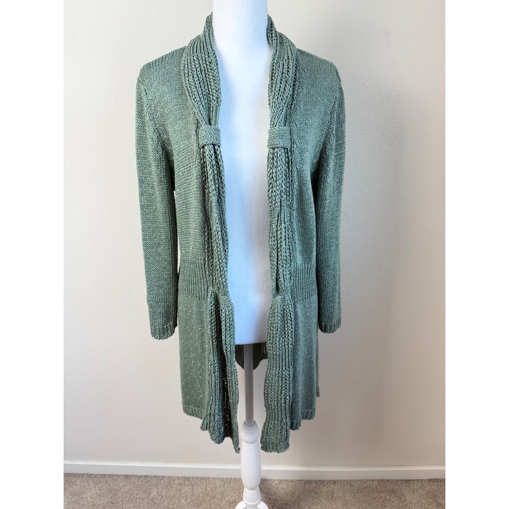 Angel Green Open Knit Long Cardigan L Scarf Collar Boho Artsy Lagenlook Earthy